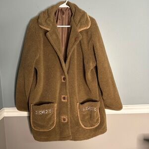 New York Classics vintage Women's XL‎ Brown Sherpa Fleece Lined Button Up Coat